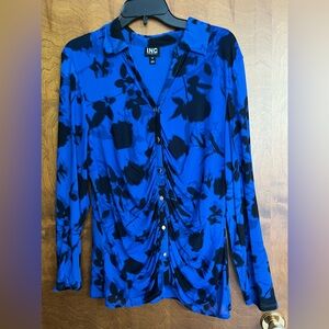 INC International Concepts Blue and Black Patterned LS Blouse Size XL NWOT